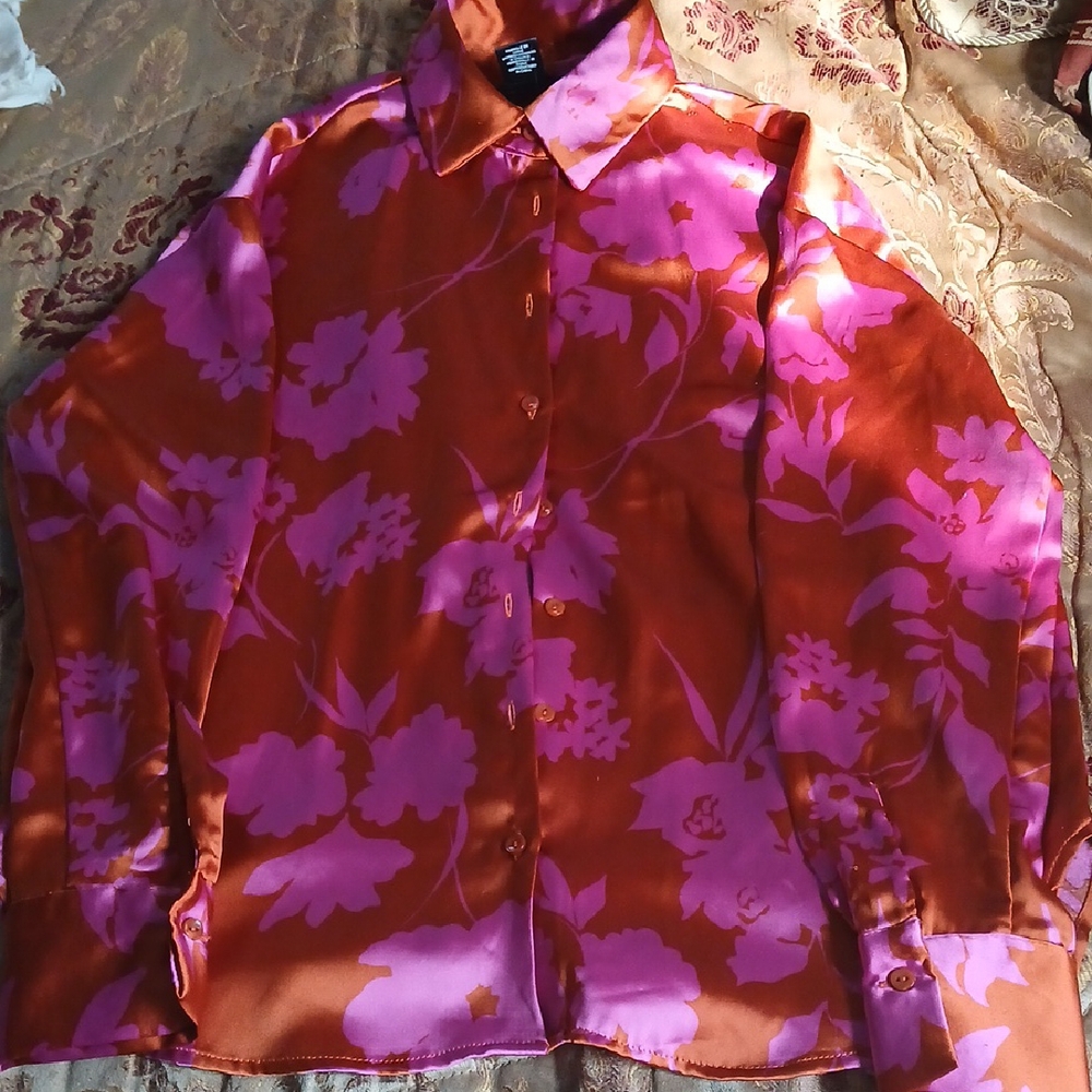 Floral Pink and Orange Button-Up Blouse